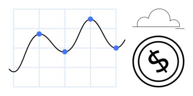 Veri noktaları olan çizgi çizelgesi finansal eğilimleri vurguluyor, dolar parası para birimini vurguluyor, bulut teknolojiyi veya dijital ekonomiyi öneriyor. Finans, analitik, yatırım, bulut teknolojisi için ideal