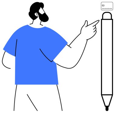 Mavi gömlekli sakallı adam dijital etkileşimi ve yeniliği temsil eden büyük stilize akıllı kalem cihazını işaret ediyor. Teknoloji, eğitim, yaratıcılık, iş, tasarım, eğitim pazarlaması için ideal