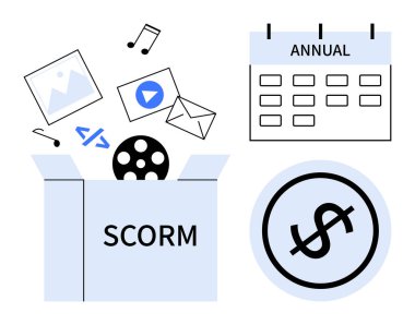 Çoklu ortam simgeleri, kodlama etiketi, abonelik takvimi ve dolar işareti içeren SCORM kutusunu aç. ELearning, abonelik modeli, içerik dağıtımı, çevrimiçi araçlar, müfredat dijital kaynakları düzlüğü için ideal