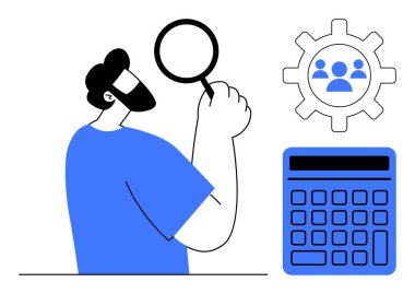 Elinde büyüteç tutan bir adam hesap makinesinin yanında takım çalışması sembolü tutuyor. Analiz, takım çalışması, işbirliği, problem çözme, verimlilik, iş stratejileri, anlayış için ideal. Düz