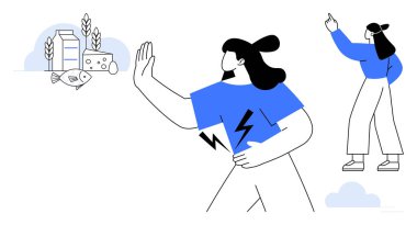 İki kadın, biri süt ürünlerini ve balıkları reddediyor, diğeri de ileriyi işaret ediyor. Yiyecek hoşgörüsüzlüğünün, sağlık seçimlerinin, diyet değişikliğinin, alerji farkındalığının, beslenmenin olmadığı yaşam tarzının sembolleri. Düz basit metafor