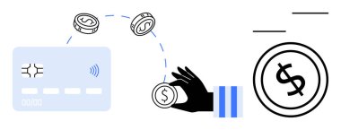Kredi kartı, el yapımı bozuk paralar ve büyük para ödeme sistemi kavramını gösteriyor. Bankacılık, finans, e-ticaret, teknoloji, uygun dijital cüzdan nakitsiz ekonomi için ideal. Düz basit