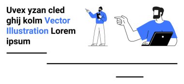Cihazları, jest iletişimini ve yazılı fikirleri kullanan insanlar. Takım çalışması, iletişim, liderlik, planlama, teknoloji, eğitim için ideal modern işletme düz iniş sayfası afişi