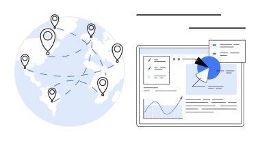 Grafik, pasta grafiği ve dokümanlı gösterge panelinin yanında lobut ve bağlı yollar bulunan dünya. Teknoloji, lojistik, büyük veriler, iş stratejisi, iletişim ve küreselleşme için ideal