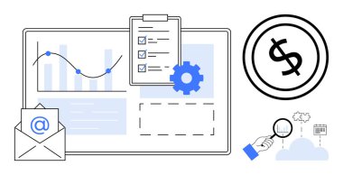 Grafikler, çizelgeler, panodaki kontrol listesi, zarf, dolar parası, büyüteç, vites sembolü. Finans planlama, iş teknolojisi üretkenlik analiz stratejisi için idealdir. Düz basit metafor