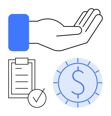 Almak için elini aç, işaretli liste, işaretli para. Finansman, bağışlar, anlaşmalar, işlemler, uyum planlama ve bütçeleme için ideal. Soyut çizgi düz metafor