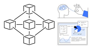 Birbirine bağlı blokları olan blok zinciri diyagramı, grafikleri ve verileri olan analitik gösterge paneli, yapay zeka konseptiyle beyin görselleştirmesi. Engelleme zinciri, yapay zeka, veri bilimi, teknoloji, yenilik, araştırma için ideal