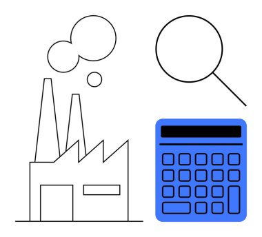 Bacalı fabrika binası, mavi hesap makinesi, büyüteç. Sanayi, finans, analiz, üretim, işletme yönetimi maliyet değerlendirme planlama için idealdir. Temiz düz basit metafor