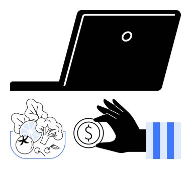 Dijital erişimi temsil eden dizüstü bilgisayar, para transferi için el ele tutuşmalar, kasede taze sebzeler. E-ticaret, market teslimatı, finans, gıda endüstrisi, sürdürülebilirlik ve teknoloji için ideal