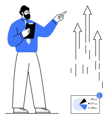 Pano tutan adam, yükselen okları işaret eden, aşağıdaki finansal pasta grafiği. İş stratejisi, büyüme, liderlik, veri analizi, performans başarısı yeniliği için ideal. Düz basit metafor