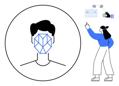 Çemberin içindeki geometrik yüz taraması ve dijital ödeme kartı ve parayı işaret eden biri. Biyometrik, kimlik doğrulama, dijital güvenlik, fintech, yapay zeka sistemleri, kullanıcı deneyimi için ideal