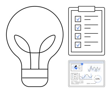 Fikirleri sembolize eden ampul, görev organizasyonu için kontrol listesi ve veri içgörüsü için analitik gösterge paneli. Yenilik, yaratıcılık, problem çözme, işbirliği, üretkenlik, strateji için ideal