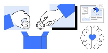 Eller bir kutuya Bitcoin ve dolar sikkeleri yerleştiriyor, veri analizleri ekranda, beyin ve kalp. Finansal planlama, kitle fonlama projeleri, iş stratejisi, dijital varlıklar, yaratıcılık için ideal