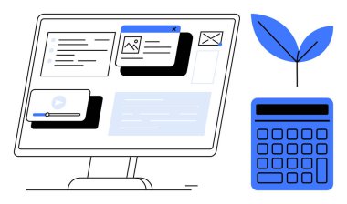 Masaüstü monitörü multimedya, hesap makinesi ve filizlenen bitki gösteriyor. Sürdürülebilirlik, dijital araçlar, eko-ticaret, büyüme stratejileri, finansal planlama, yeşil yenilik sade