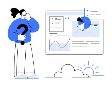 Düşünceli insan, grafik, çizelge ve raporların gösterildiği panelin yanında soru işareti tutuyor. Veri analizi, iş stratejisi, karar verme, problem çözme, yenilik, beyin fırtınası için ideal