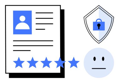 Profil fotoğraflı belge, altında beş yıldızlı derecelendirme, kilit ikonlu güvenlik kalkanı, tarafsız yüz. Dijital profil bütünlüğü, güvenlik incelemeleri, müşteri geribildirim, derecelendirme sistemleri, kimlik için ideal