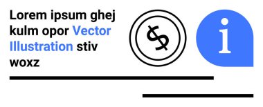 Çemberin içinde dolar sikkesi, i ile mavi bilgi simgesi, kalın metin satırları. Finans, ekonomi, iş tavsiyeleri, dijital araçlar, rehberlik, eğitim minimalizmi için ideal soyut çizgi düz metaforu