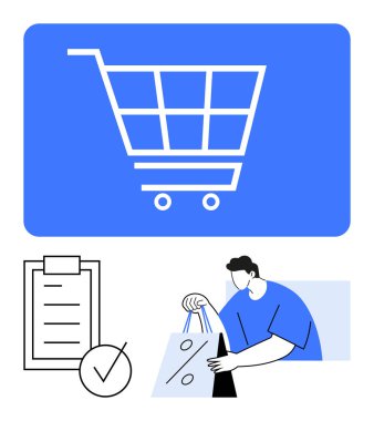 Büyük bir alışveriş arabası ikonu, işaretli kontrol listesi ve indirim torbası tutan kişi. E-ticaret, perakende, satış, dağıtım, pazarlama, müşteri deneyimi iş sistemleri soyut hattı için ideal