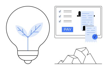 İçinde yaprak olan ampul, faturalı dijital ödeme ekranı ve ödeme düğmesi, çubuklu grafik. Finans teknolojisi, çevrimiçi işlemler, yenilik, çevre dostu çözümler, sürdürülebilirlik için ideal