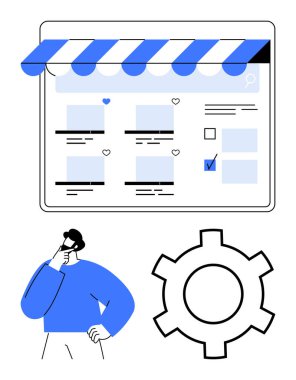 Ürünler, seçim ikonları ve çark ile çevrimiçi mağaza önü altında tefekkür eden bir adam. E-ticaret, karar verme, alışveriş, kişiselleştirme, organizasyon stratejisi yeniliği için idealdir. Düz basit