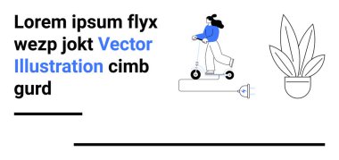 Elektrikli scooter kullanan bir kadın, saksıyı yerleştiren bir bitki, metin tutucu. Taşınabilirlik, eko-yaşam tarzı, modern tasarım, ulaşım, teknoloji, sürdürülebilirlik düz iniş sayfası afişi için ideal
