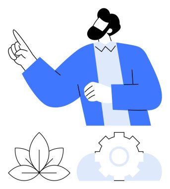 Yukarıya bakan kişi, doğa yaprağı ve dişli bulutuyla tasvir edilmiş. Sürdürülebilirlik, yenilik, koçluk, teknoloji, çevre, yeşil enerji rehberliği için idealdir. Düz basit metafor