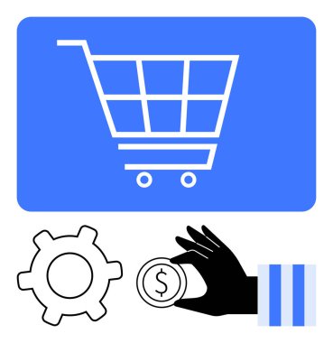 Alışveriş arabası sembolü, bozuk para tutan el ve vites çevrimiçi alışveriş, ödeme sistemleri ve otomasyon resimlerini gösteriyor. E-ticaret, perakende teknolojisi, ödeme hizmetleri, iş planlaması için ideal