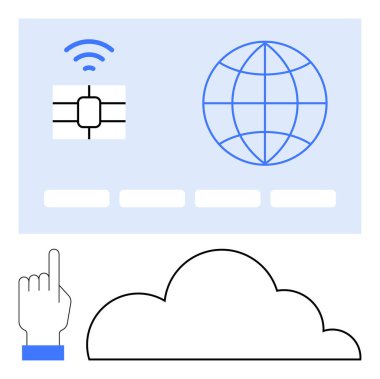 Kablosuz sinyali, dünya sembolü ve altında bulut olan akıllı bir kart. Parmak klik sesleri etkileşimi gösteriyor. Teknoloji, bulut hesaplama, kablosuz iletişim, veri depolama, küresel bağlantı için ideal