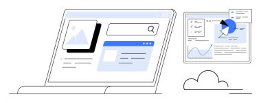 İçerik arama çubuğu olan dizüstü bilgisayar, web düzeni önizlemeleri ve grafik analizli yüzen veri paneli. Üretkenlik, analitik, veri görselleştirme, içerik yönetimi, araştırma, UIUX