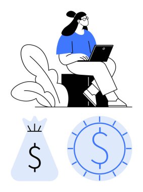 Dizüstü bilgisayarlı bir kadın bitkilerin yanında, para ve para çantasının yanında oturuyor. Finans, üretkenlik, uzaktan çalışma, tasarruf, bütçe ve büyüme yatırımları için ideal. Düz basit metafor