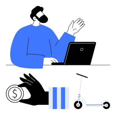 Bilgisayarda el kol hareketi yapan, madeni para teklif eden ve e-scooter kullanan biri. Teknoloji, hareketlilik, ödeme, kiralama, finans sektörü iletişimi için ideal. Basit bir metaforu temsil ediyor.