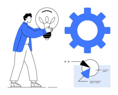 Büyük teçhizat ve pasta grafiği elementleriyle parlayan ampul taşıyan adam, takım çalışmasını sembolize ediyor, yaratıcı düşünme, problem çözme, veri analizi, stratejik planlama, iş akışı optimizasyonu, düz basit