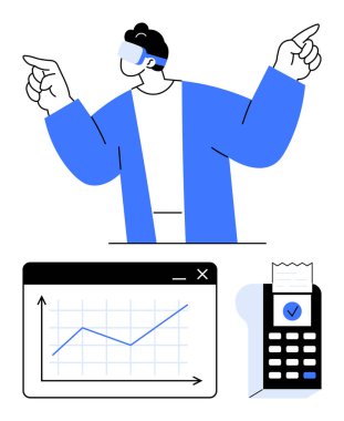 VR kulaklık takan adam, yukarı doğru eğilimi gösteren ölçü grafiği ve makbuzlu hesap makinesi. Teknoloji, analitik, finans, yenilik, veri takibi, fütüristik kavramlar için ideal basit