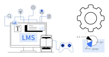 Birbirine bağlı elementlere sahip LMS ekranı, dokümanlar, diyagramlar, içerik simgeleri, dişliler ve analizleri destekler. Eğitim, e-öğrenme, kişiselleştirme, etkileşimli iş akışı izleme süreci için ideal