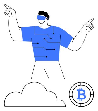Gözlüklü ve interaktif dijital devreli tişörtlü bir adam yukarı bakıyor. Bitcoin para ve bulut aşağıda, kripto para, engelleme zinciri yeniliği ve sanal teknolojileri sembolize ediyor. İdeal