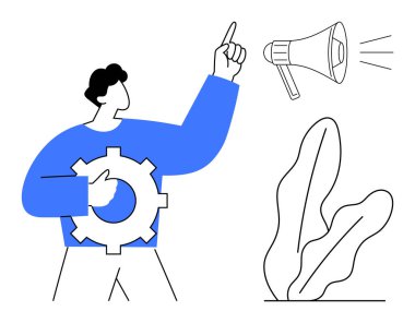 Adam megafonu işaret ederken vites tutuyor, iş akışını ve iletişimi sembolize ediyor. Takım çalışması, yenilik, liderlik, üretkenlik, strateji, teknoloji problem çözümü için ideal. Modern