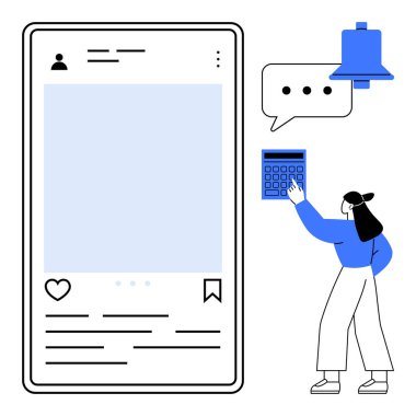 Bir kullanıcı sosyal medya gönderisiyle akıllı telefon arayüzü, hesap makinesi ile etkileşime geçen bir kadın, uyarı zili ve sohbet balonu. İletişim, katılım, üretkenlik, uygulamalar, teknoloji için ideal