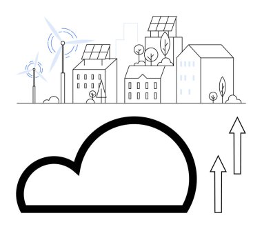 Güneş panelleri, rüzgar türbinleri, yeşillik, bulut yükleme sembolü ve okları olan çevre dostu şehirler. Sürdürülebilirlik, yenilenebilir enerji, yenilik, yeşil şehir bulutu için ideal