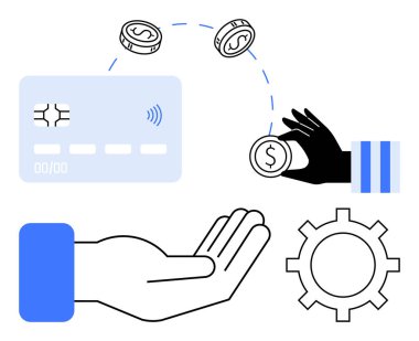 Kredi kartı ve sikkeler görsel olarak dijital işlemleri temsil ederken, eller de mali değişimi sembolize ediyor. Çarklı çarklar sistem operasyonlarını vurgular. Finans, e-ticaret, bankacılık, fintech için ideal