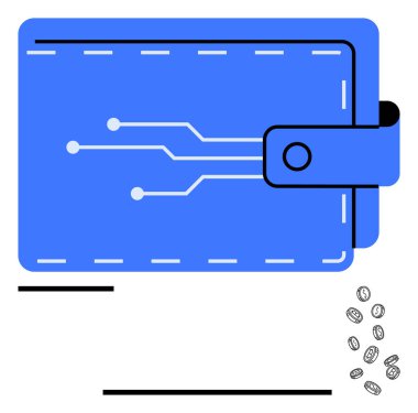 Teknolojiyi simgeleyen devre çizgileri olan mavi cüzdan, finansal işlemler için aşağıya saçılan paralar. Fintech, engelleme zinciri, kripto, e-ticaret, dijital güvenlik, yatırım, bankacılık için ideal