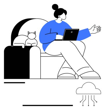 Yanında dizüstü bilgisayarı olan ve kedi gibi el kol hareketi yapan bir kadın. Teknoloji kavramı, uzaktan çalışma, iletişim, bulut hesaplama, rahatlama, modern yaşam tarzı, düz metafor