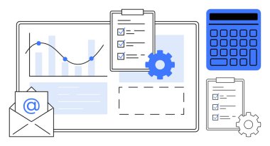 Eğilim çizgisi, pano kontrol listeleri, hesap makinesi, e-posta simgesi olan zarf ve analitik, organizasyon, takım çalışması ve dijital iletişimi sembolize eden teçhizat grafiği. Planlama için ideal