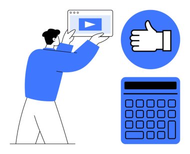 Tabletli bir adam çalma düğmesi ortamı, onay simgesi ve hesap makinesi simgesini gösteriyor. Eğitim, dijital öğrenme, finans, verimlilik, onay akışı motivasyonu için idealdir. Düz