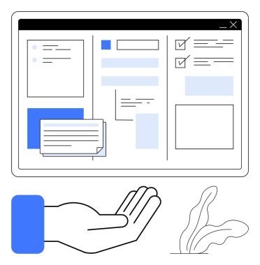 Görev organizasyonu elemanlarıyla kullanıcı arayüzü, yüzen mesajlar, kontrol listesi görüntüsü, el hareketi desteği, yaratıcılık bitkileri. Üretkenlik, takım çalışması, UX tasarımı ve destek için ideal