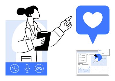 Kadın doktor tele sağlık seansı sırasında işaret ediyor, kalp ikonu tedaviyi sembolize ediyor, ekranda veriyi gösteren analizler var. Sağlık, teletıp, iletişim, analiz, teknoloji için ideal