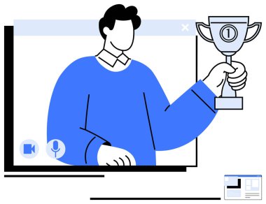 Video ekranında birincilik ödülünü elinde tutan kişi çevrimiçi tanıma, başarı ve takım çalışmasını temsil ediyor. Başarı için ideal, ödüller, uzak çalışma, nişan, kutlama motivasyonu düzlük