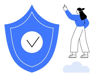 Yukarıya bakan bir kadının yanında mavi bir kalkan. Güvenliği, güveni ve rehberliği ima ediyor. Siber güvenlik için ideal, veri koruması, güven, doğrulama güvenilirlik güvenliğe uygundur. Düz