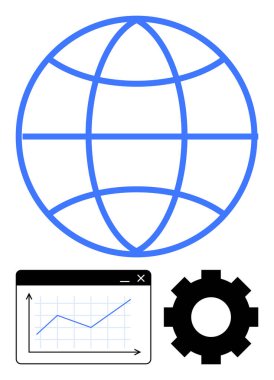 Küre ana hatları ağı sembolize eder, analitik için grafik penceresi, ve işlemler için dişli. Teknoloji, veri yönetimi, iş stratejisi, verimlilik, küreselleşme, yenilik için ideal basit