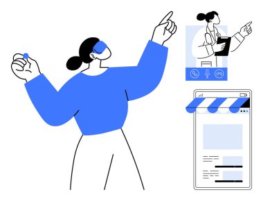 Artırılmış gerçeklik gözlüklü bir kadın sanal arayüzlerle etkileşime giriyor. Buna mağaza önü ve bir doktorla video görüşmesi de dahil. E-ticaret, sağlık, yenilik, teknoloji ve dijital için ideal