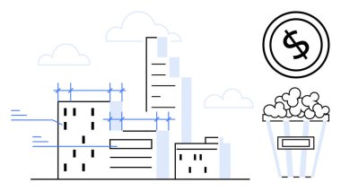 İnşaat halindeki binalar, gökdelenler, bir dolar işareti ve patlamış mısır kovası. Şehir planlama, yatırım, ekonomi, eğlence, kentsel büyüme iş stratejisi için ideal basit bir metafor